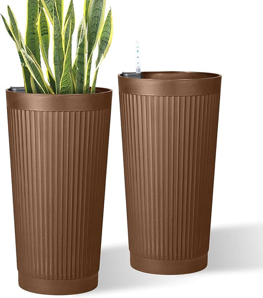 24in Tall Self-Watering Planters Set of 2 - Brown Flower Pots with Water Level Monitor, Non-Toxic Plastic Planters for Indoor Outdoor Patio, Porch, Living Room, Home Office