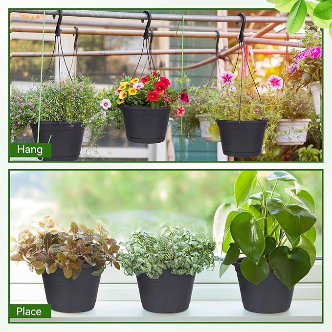 Roshtia 10 Pcs 10 Inch Hanging Baskets for Plants Large Plastic Hanging Basket Pots with Drainage Trays Self Watering Planter Pots for Outdoor Indoor Plants Flowers Garden Balcony (Black)
