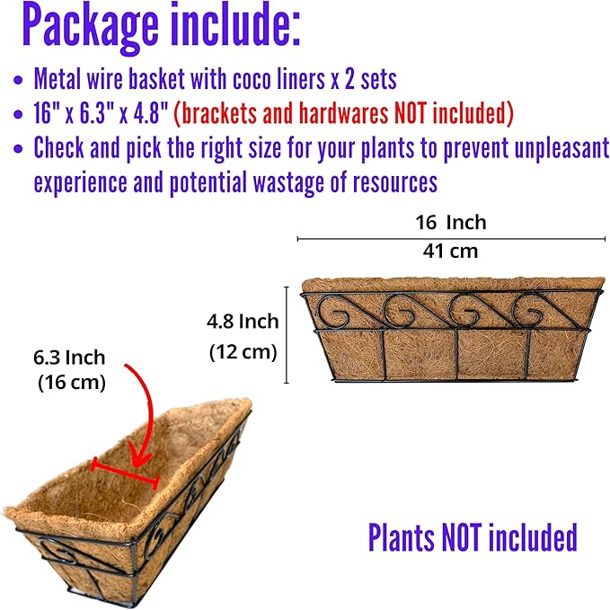 LaLaGreen Wall Planters for Outdoor Plants (2 Pack, 16 Inch) Window Flower Boxes Basket Attach to House, Deck Railing Strawberry Planters with Coco Liners BalconyTroughs Fence Patio Porch Over Rail