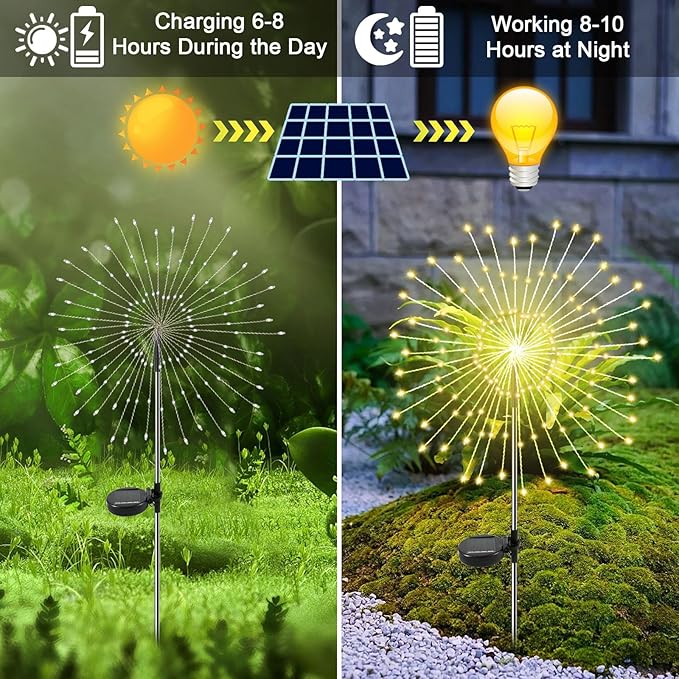 Solar Garden Lights Outdoor, 4 Pack 120 LED Twinkling Firework Lights Decorative with 2 Modes, Outdoor Waterproof Solar Starburst Light for Outside Yard Pathway Garden Decor, Warm White