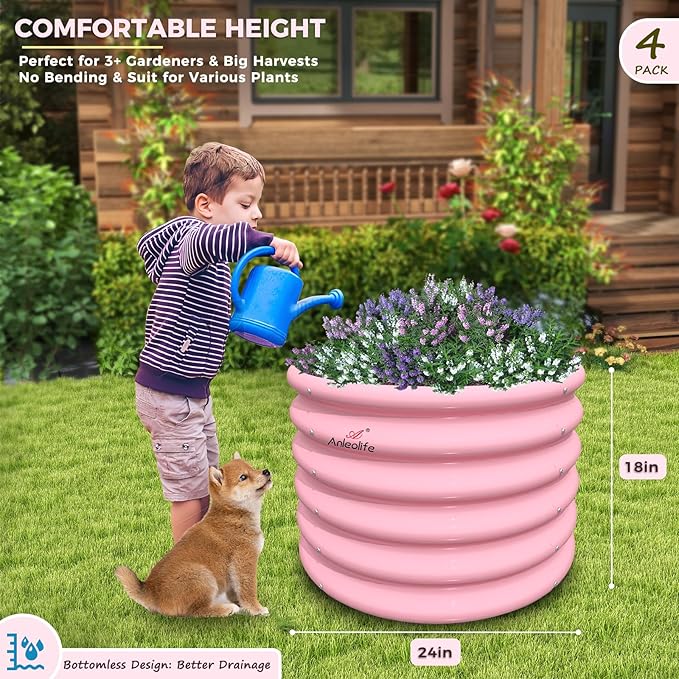 A ANLEOLIFE Kids Mini Raised Garden Beds Outdoor (4-Pack)-24x24x18in Round Galvanized Metal Planter Box for Planting Vegetables, Flowers, Fruits, Eco-Safe & Easy Setup, Blush Pink