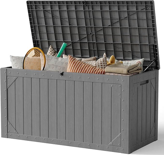 MAKE CHANGES Outdoor Storage Box, 100 Gallon Deck Box Outdoor Storage Bench Outside Waterproof Resin Storage Bench, Lockable Patio Cushions, Garden Tools Storage For Furniture, UV Resistant(Gray)