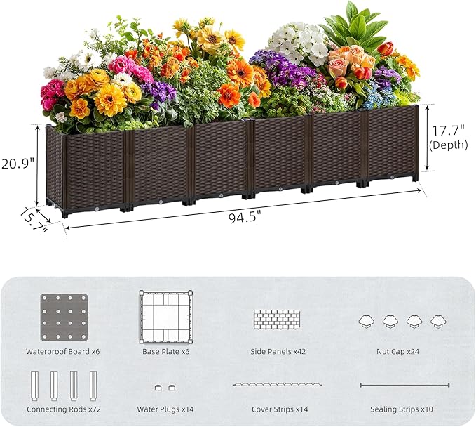 TooCust Extra Deep Rectangular Garden Planter Box - Self Watering Raised Bed 95" L x 16" W x 21" H for Outdoor Plants, Large Elevated Planters for Vegetables, Flowers, Herbs