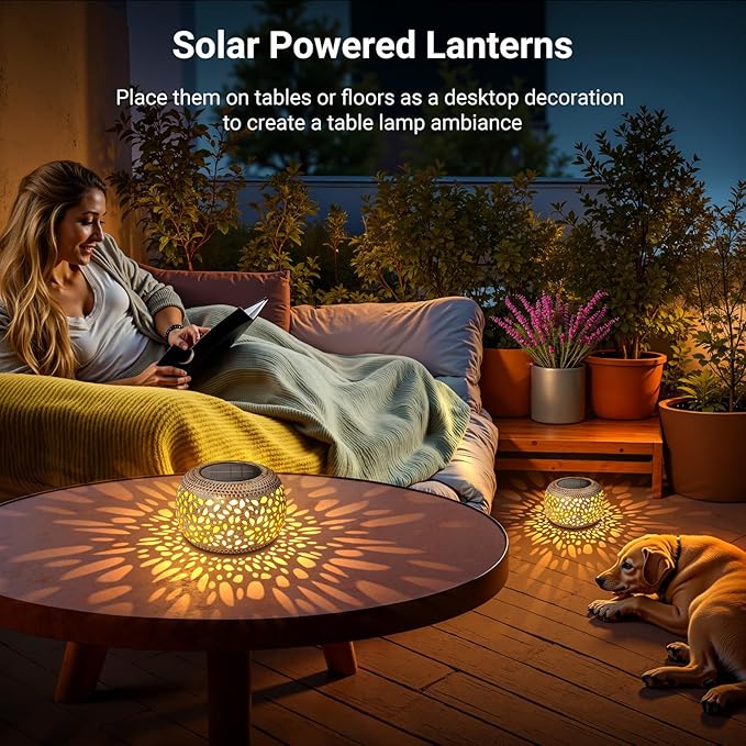 Solar Lanterns Outdoor Waterproof: 2 Pack Hollow Out Retro Metal Solar Lights - Decorative Atmosphere Table Lantern - Gifts for Women Mother's Day Garden Yard Patio Outside & Indoor Tabletop Decor