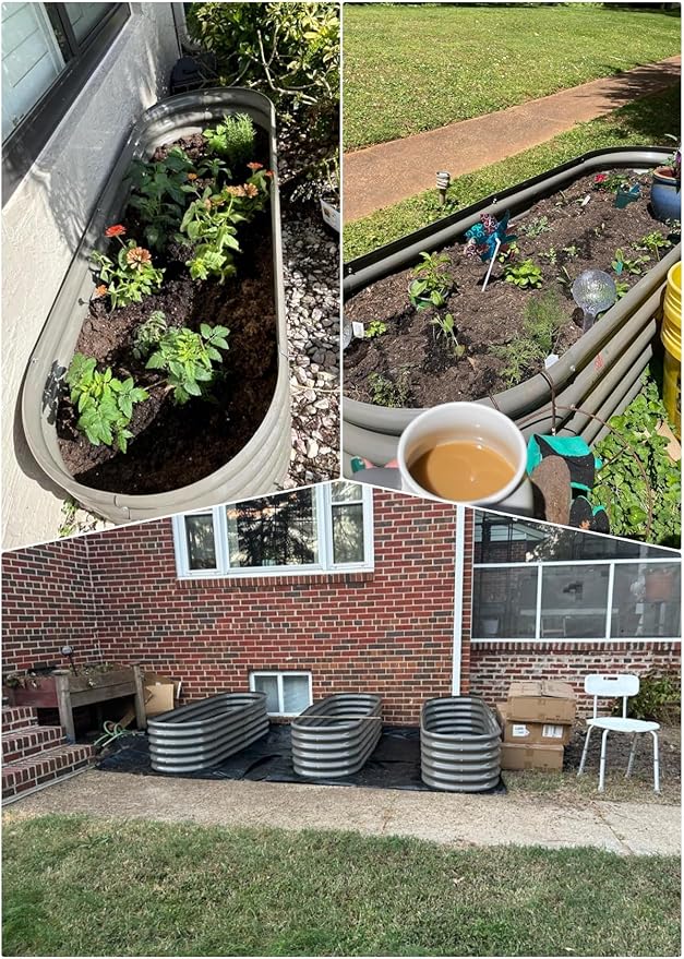 A ANLEOLIFE 4 Pcs 6X2X1.5 ft Oval Round Galvanized Raised Garden Beds Outdoor for Planting Vegetables Flowers Herb, Quartz Grey