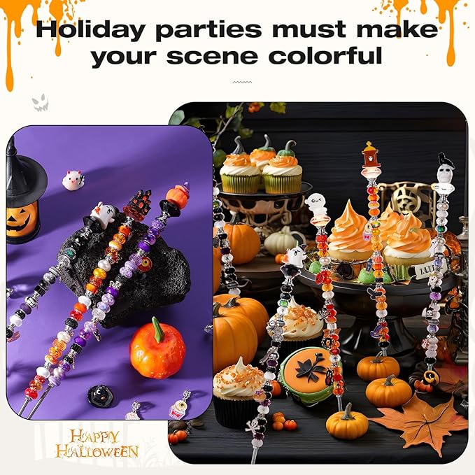 Beaded Garden Stake, DIY Halloween Decorative Garden Stake Kit, Beaded Fairy Wand with 12 in or 10 in Threaded Rod, Crystal Stopper, Large Holes Bead, Pendant,s Outdoor Thanksgiving Decorations kit