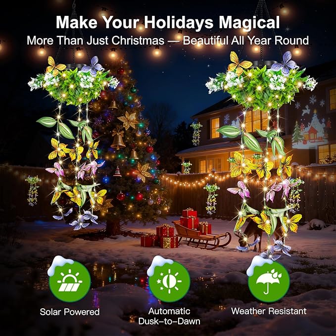 Solar Hanging Garden Lights - 2 Pack, Artificial Butterfly & Flower LED Fairy String Lights, IP65 Waterproof Outdoor Festive Decor for Patio, Porch, Garden, Yard, Warm Gift for Mom, Family & Friends