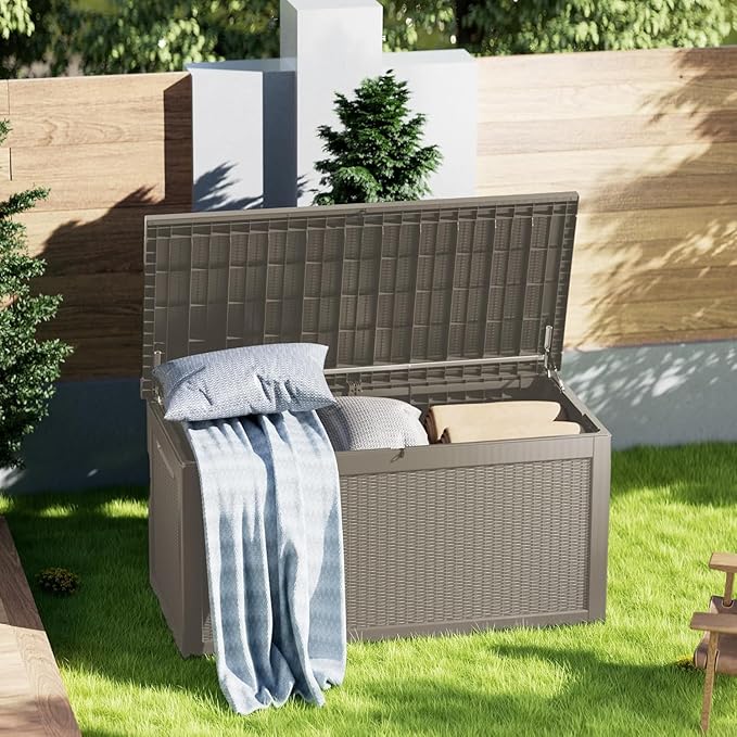 320GAL Deck Box -Grey ，Lockable Resin Storage Box，Outdoor Storage Box，UV Resistant Resin，Patio, Garden and Poolside