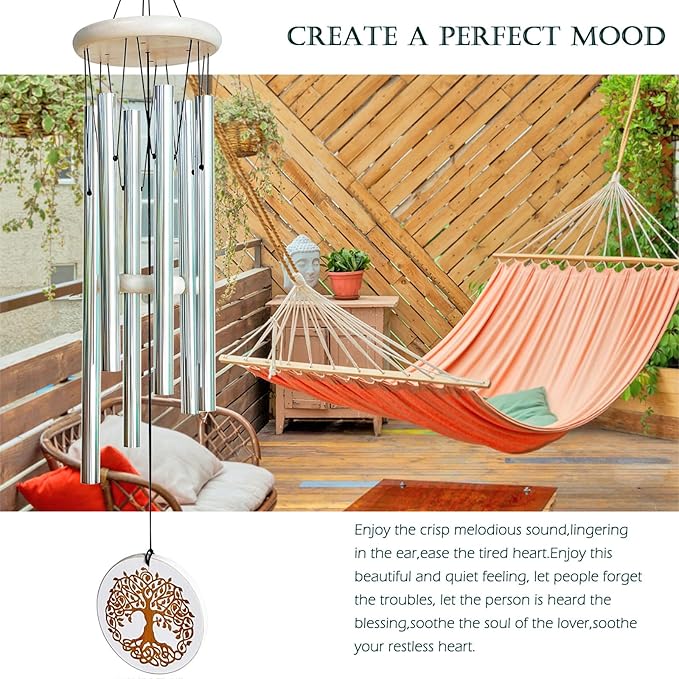 Wind Chimes Outdoors,33" WindChimes for Loss of Loved One,Memorial/Sympathy Gifts for Mother/Unisex/Father,Tree of Life Wind Chimes for Outside Zen Garden Home Yard Decoration (Silver)