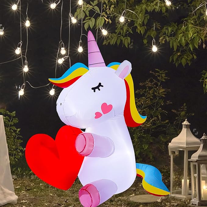 Lulu Home Lighted Yard Decorations, 5 FT Large Inflatable Light Up Unicorn Holding A Red Heart, Valentines' Day Blow Up Adorable Rainbow Colorful Unicorn Outdoor Indoor Party Display Decor