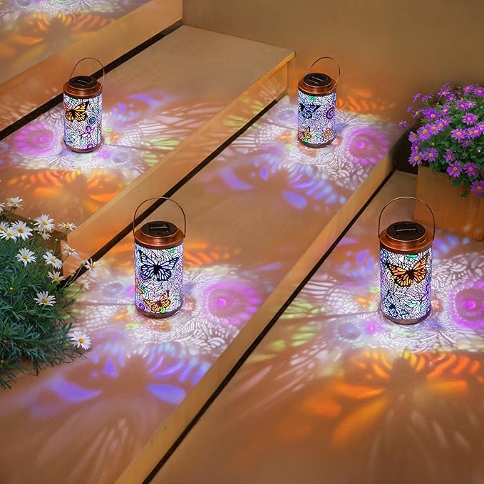 2Pack Solar Outdoor Lanterns Waterproof Butterfly Colorful Garden Gifts for Women, Multicolor Solar Outside Lights Lantern for Yard, Backyard, Porch, Mothers Day Gifts for Mom Grandma Wife