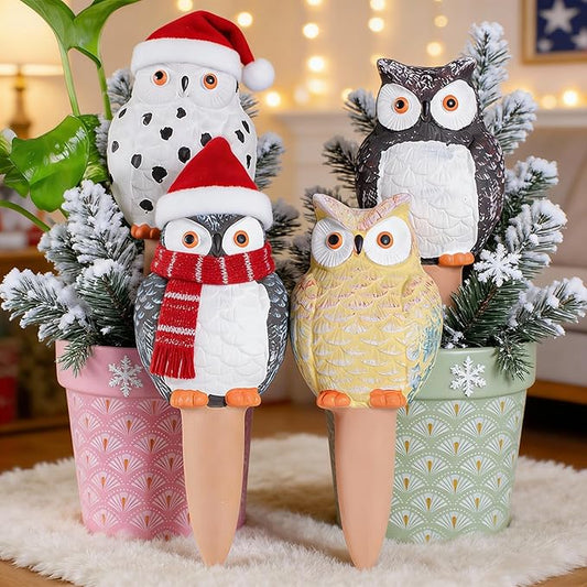 4 Pack Plant Watering Devices, Owl Shape Terracotta Watering Stakes, Vacation Self Watering Planter Insert, Large Self Watering Globes for Indoor Outdoor Plants