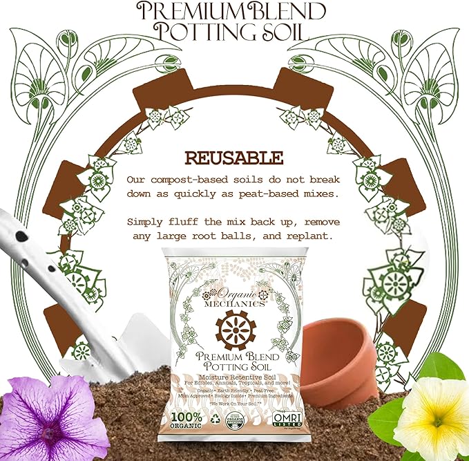 Organic Mechanics Premium Blend Potting Soil, 8 qt (Pack of 2) - Moisture-Retentive, Peat-Free, Compost - Enriched Mix with Worm Castings & Perlite for Houseplants, Annuals, Veggies & Tropical Plants