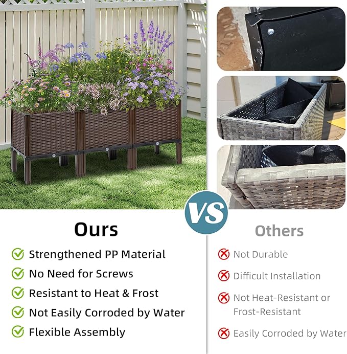 TooCust Rattan Raised Garden Bed with Legs-Large Self Watering Rectangular Elevated Planter Box 47" L x 16" W x 20" H, Deep Outdoor Garden Beds for Vegetables, Flowers, Herbs, Patio & Balcony