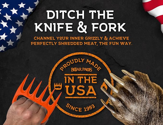 Bear Paws Meat Claws - The Original Meat Shredder Claws for Pulled Pork, USA Made - Easily Lift, Shred, Pull and Serve Pork, Chicken, Brisket and Turkey - Gift for Dad on Christmas! (Orange)