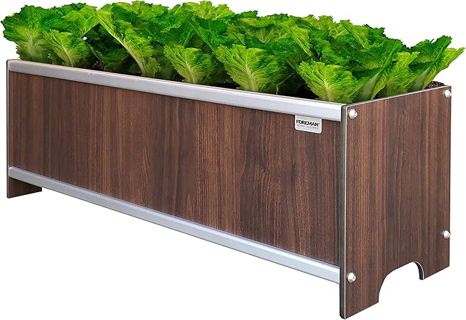 Foreman Raised Garden Bed 10 Year Warranty 36”Lx12”Wx14”H Premium Plastic Wood Grain Aluminum Frame Elevated Planter Box for Backyard Patio Balcony, Tosca