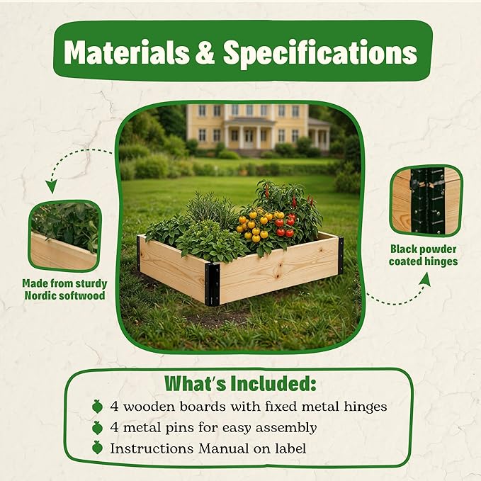 Epic Gardening Raised Garden Bed 47 x 31 x 8 Inch Nordic Softwood Planter Box with Powder Coated Hinges Elevated Garden Bed for Vegetables Herbs Flowers Easy Assembly Outdoor Gardening Kit