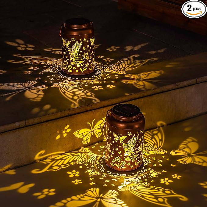 2pack Solar Lanterns Outdoor Waterproof Hanging Butterfly Lights LED Metal Fairy Lantern Decorative Garden,Patio,Landscape,Walkway,Festival Christmas Decor Gifts for Women Men Mom Grandma