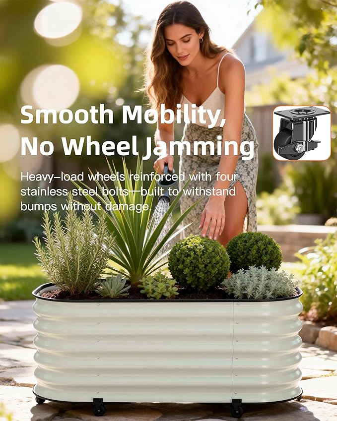 DaisyVibe Mobile Outdoor Planter Box with Wheels, 20.9 Inch Tall, Heavy-Duty 1000 lbs Capacity, Anti-Rust Steel Construction, Rolling Garden Bed for Vegetables, Herbs, Patio, Balcony (Lvory)