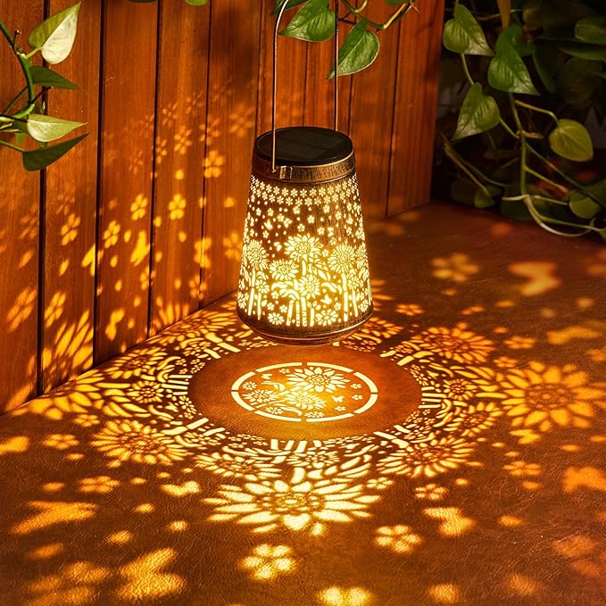 2 Pack Solar Lanterns Outdoor Waterproof Birthday Gifts for Women Mom Grandma, Hollowed-Out Metal Sunflower Hanging Solar Lantern Lights Outdoor Decor, 2 Modes Lights Decor for Yard, Patio