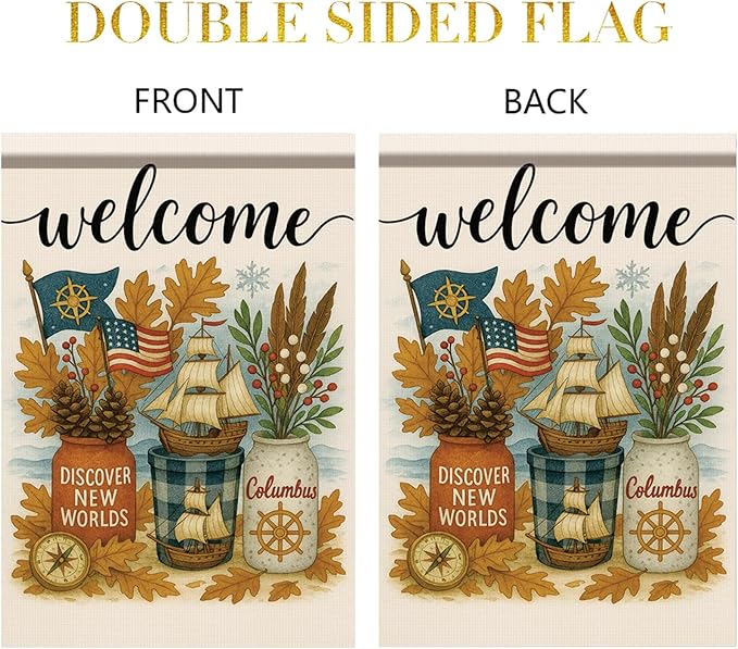 12x18 Inch Columbus Day Garden Flag Welcome Double Sided Yard Banner Discover New Worlds Autumn Ship Outdoor Decor for Porch Lawn Pathway Seasonal Patriotic Nautical Thanksgiving Decor