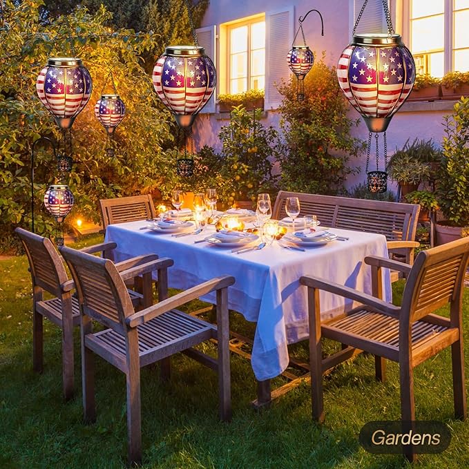 Larekook Solar Hot Air Balloon Lantern with Flame Flickering,Glass Hot Air Balloon Solar Lantern Outdoor Waterproof Hanging Garden Light for Patio Porch Yard,Birthday Gifts for Women(American Flag)