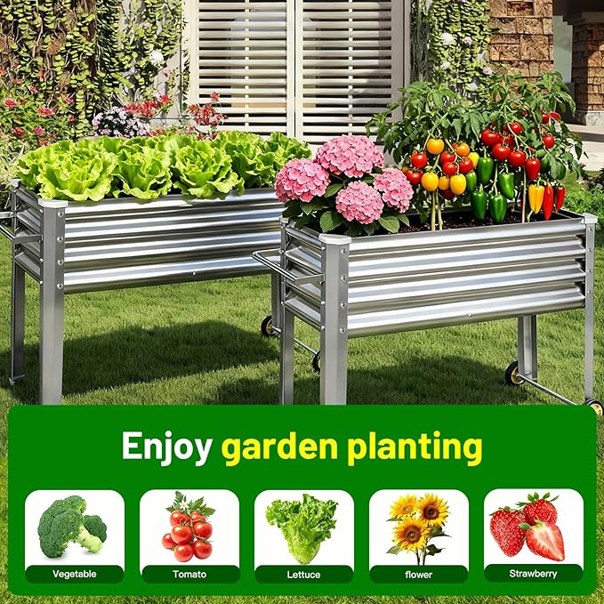 Land Guard 2 Pack Galvanized Raised Garden Bed with Legs & Wheels, 36×12×32in Metal Elevated Raised Planter Box for Backyard, Patio, Balcony, 300lb Capacity, Silver