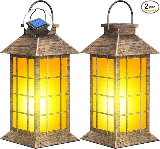 2 Pack 13" Bronze Solar Lantern with Flickering Flame Candle | Outdoor Waterproof Hanging Lanterns, Metal & Glass Solar Lights for Garden Decoration, Rustic Gifts for Mom