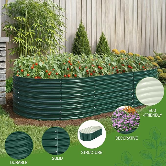 VINGLI 8x4x2ft Galvanized Raised Garden Beds, Oval Planter Boxes Outdoor, Raised Garden Bed for Gardening, Easy Assembly Planter Boxes for Vegetables (Green)