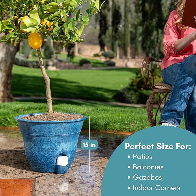 Bernini FirmaStone 15" Self-Watering Planters, Set of 2 – Durable Indoor/Outdoor Pots with Drainage Plug & Built-in Reservoir – Lightweight Garden Planters for Patio, Porch, Balcony (Burgundy)