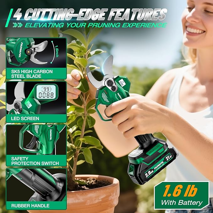Electric Pruning Shears, 1.6 inch (41mm) Cutting Diameter Cordless Electric Scissors with LCD Display, 21V Brushless Motor Branch Cutter with 2 PCS Rechargeable 2000mAh Batteries & 2 Blades (Green)