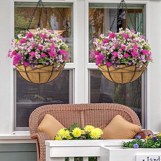 Hanging Planters for Outdoor Plants: 4 Pack 16 Inch Hanging Baskets Flower Pots with Coco Liners & Plastic Saucer Extra Large Deep Hanging Plant Holder for Porch Balcony Garden Décor