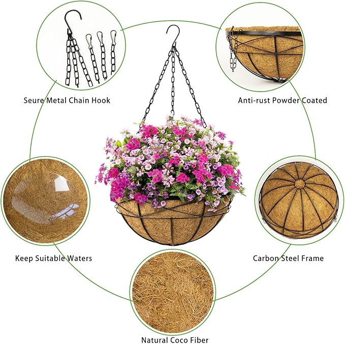 Hanging Planters for Outdoor Plants: 4 Pack 16 Inch Hanging Baskets Flower Pots with Coco Liners & Plastic Saucer Extra Large Deep Hanging Plant Holder for Porch Balcony Garden Décor