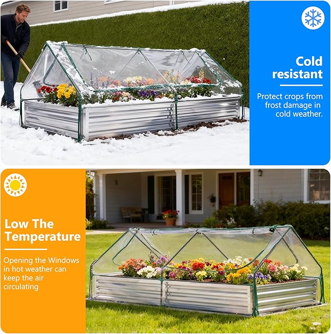 Smug Outdoor Raised Garden Bed with Transparent Waterproof Cover for Growing Vegetables, Cold-Resistant Planter Box Kit with Large Screen Windows for Herbs & Flowers, 8x4x1ft