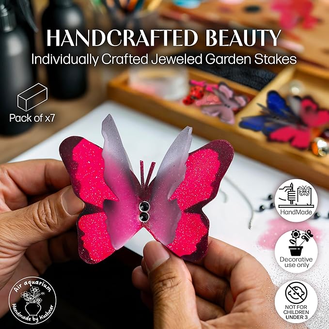 Handmade Pink Butterfly Garden Stakes - Set of 7 Premium 3D Hand-Painted Butterflies with Fluttering Spring Movement, Weatherproof Metal Rod, Outdoor Indoor Decor, Ideal Gift