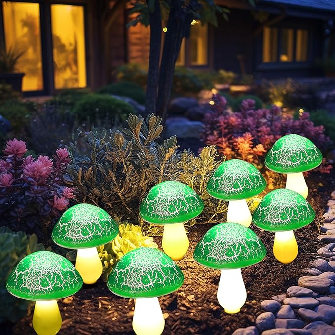 Solar Mushroom Lights Garden Decor 8 Green Crack Mushrooms Outdoor Decor Stake Lights Waterproof Solar Pathway Light Gardening Gifts for St Patrick's Day Easter Gnomes Yard Halloween Xmas Decorations
