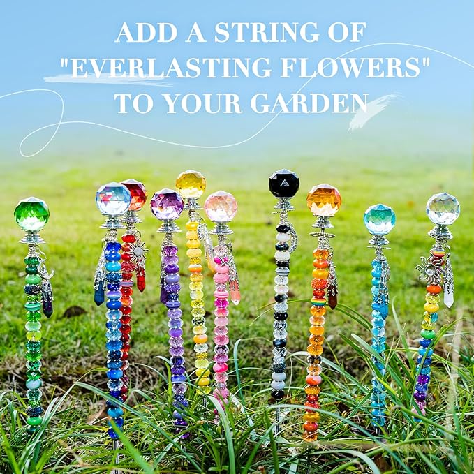 260 Pcs DIY Beaded Garden Stakes, Fairy Wand 10-Pack Garden Decorative Kit with Healing Crystal Pendant, 12in Threaded Rods, Crystal Diamond Tops, for Spring Garden Outdoor&Indoor Decorations