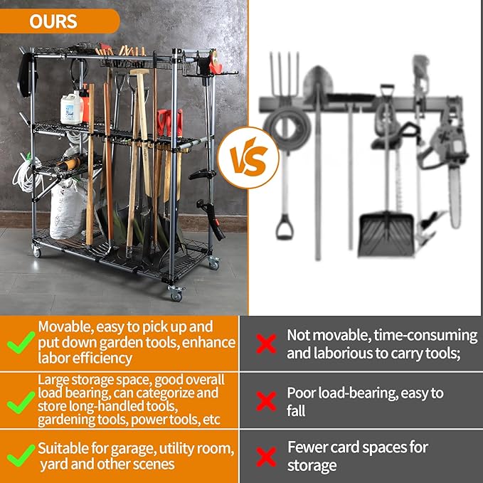 QTJH BIG Garden Tool Organizer with Wheels - Rolling Storage Rack - Multifunctional Cart