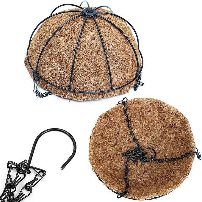 Outdoor Metal Hanging Planters Basket (4pack, 12 inch) Hanging Baskets for Plants Chain Round Wire Plant Holder with Coco Fiber Liners for Garden, Patio, Deck, Porch