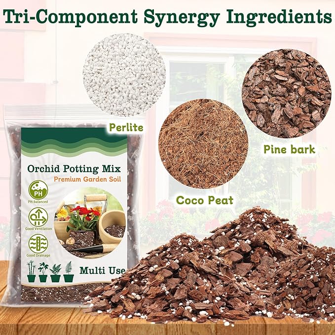 Orchid Potting Mix, 1 Quart Orchid Bark Potting Mix with Pine Bark, Coco Peat & Perlite, Orchid Bark for Indoor Plants, Orchid Soil with Excellent Water Retention & Ventilation