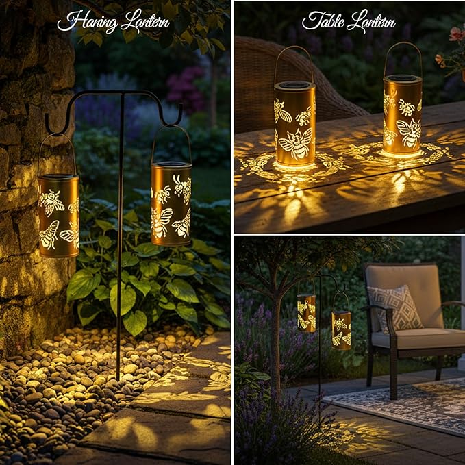 12.8" Large Size 2-Pack Outdoor Solar Lanterns Waterproof Metal Bee Patterns Garden Decor Gifts for Women Mom Grandma Hanging Solar Lanterns for Outside Yard, Patio, Backyard, Porch