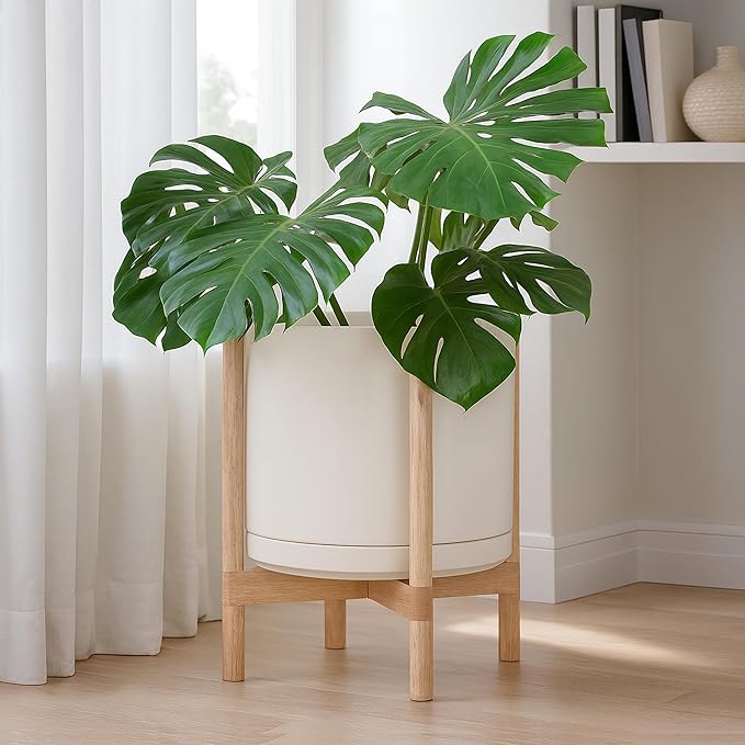 D'vine Dev Ceramic Planter with Natural Stand - 14 Inch Modern Round Flower Pot with Wood Planter Holder, Oatmeal, 55-B-R-8