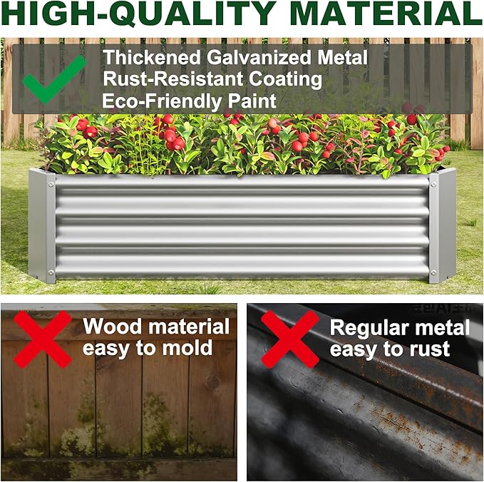4x2x1ft Raised Garden Bed, Outdoor Galvanized Raised Garden Beds, Metal Raised Beds for Gardening Vegetables Fruits and Flowers, Easy Assembly, 52 Gallon Capacity - Silver