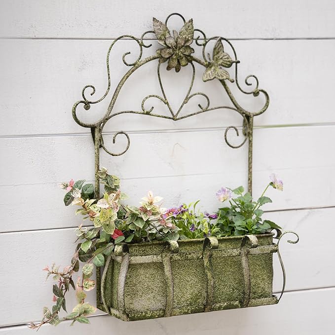 Rustic Metal Wall Planter Vintage Wall Mounted Flower Pot Farmhouse Distressed Wall Hanging Plant Basket with Floral & Butterfly Decor for Indoor Outdoor Garden Home Yard (Green#2)