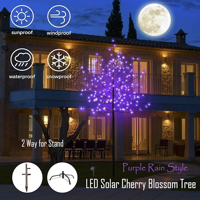 LED Solar Lighted Cherry Blossom Tree,6Ft Light up Cherry Tree Outdoor with 200 Crystal Flower Detachable for Pathway Porch Yard Patio Garden Decor Holiday Decorations Christmas Easter Purple Glow