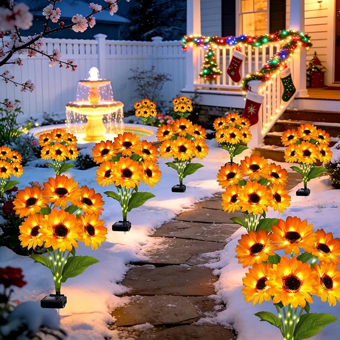 Upgraded Solar Sunflower Lights 1 Pack with 6 Outdoor Decor Flower Lights for Xmas Gift for Mom and Friends, IP65 Waterproof Sunflower Garden Stake Lights for Yard Patio Lawn Pathway (Warm White)