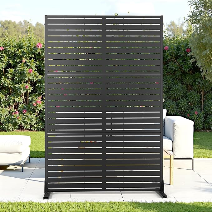 Metal Privacy Screen with Stand 72" H×47" W Outdoor Freestanding Privacy Screen & Panels, Outdoor Privacy Screen for Deck Patio Balcony(Black-Louvered)