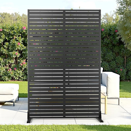Metal Privacy Screen with Stand 72" H×47" W Outdoor Freestanding Privacy Screen & Panels, Outdoor Privacy Screen for Deck Patio Balcony(Black-Louvered)