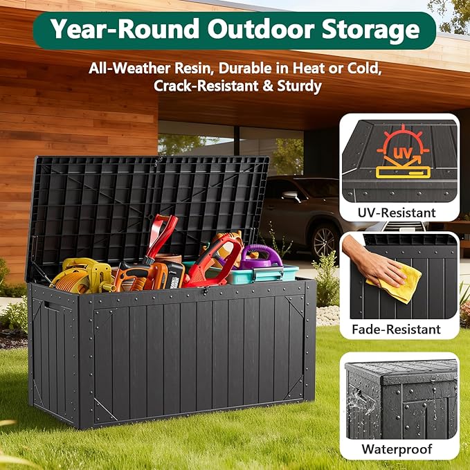 MAKE CHANGES Outdoor Storage Box,100 Gallon Deck Box Outdoor Storage Bench Outside Waterproof Resin Storage Bench, Lockable Patio Cushions, Garden Tools Storage For Furniture, UV Resistant