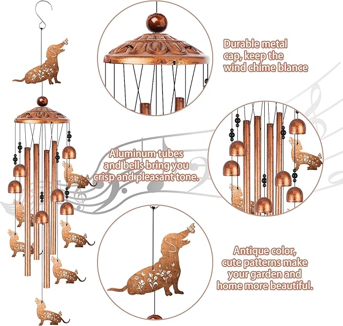 Dachshund Wind Chimes for Outside, Dachshund Wiener Dog Gifts for Women Men Metal Windchimes Outdoors, Pet Dog Home Garden Patio Yard Decor